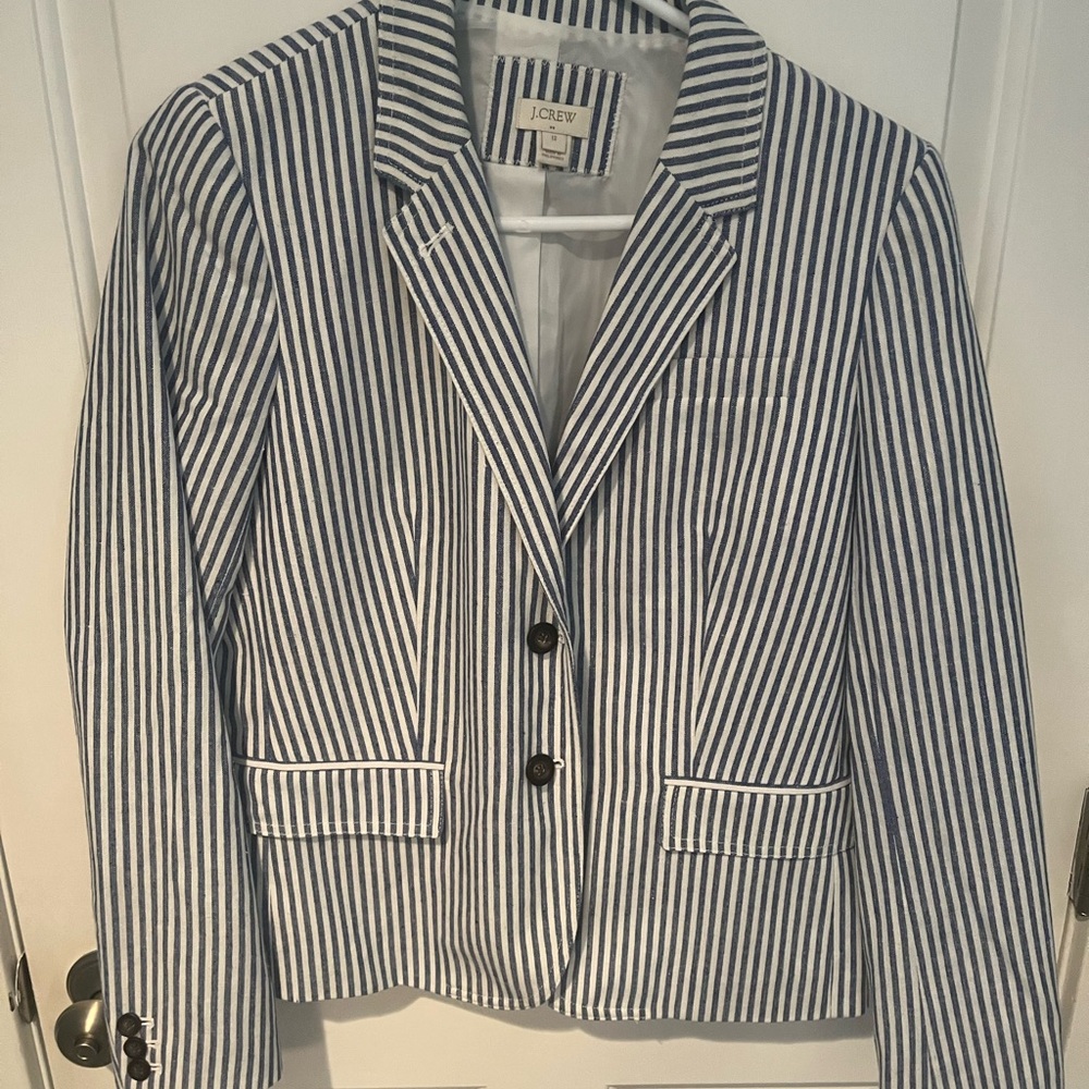 J. Crew Navy Blue and White Striped Seersucker Blazer